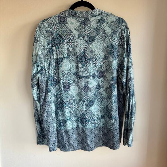 J.Jill Medallion Mixed Print Popover Blouse Top Blue V-Neck Long Sleeve Sz L - Picture 6 of 6